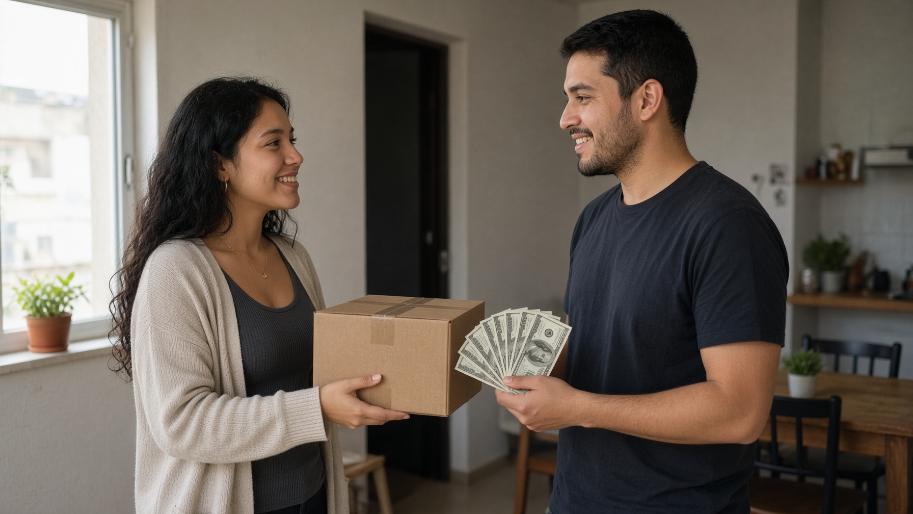 Dos personas latinas: entregan un producto y reciben dólares